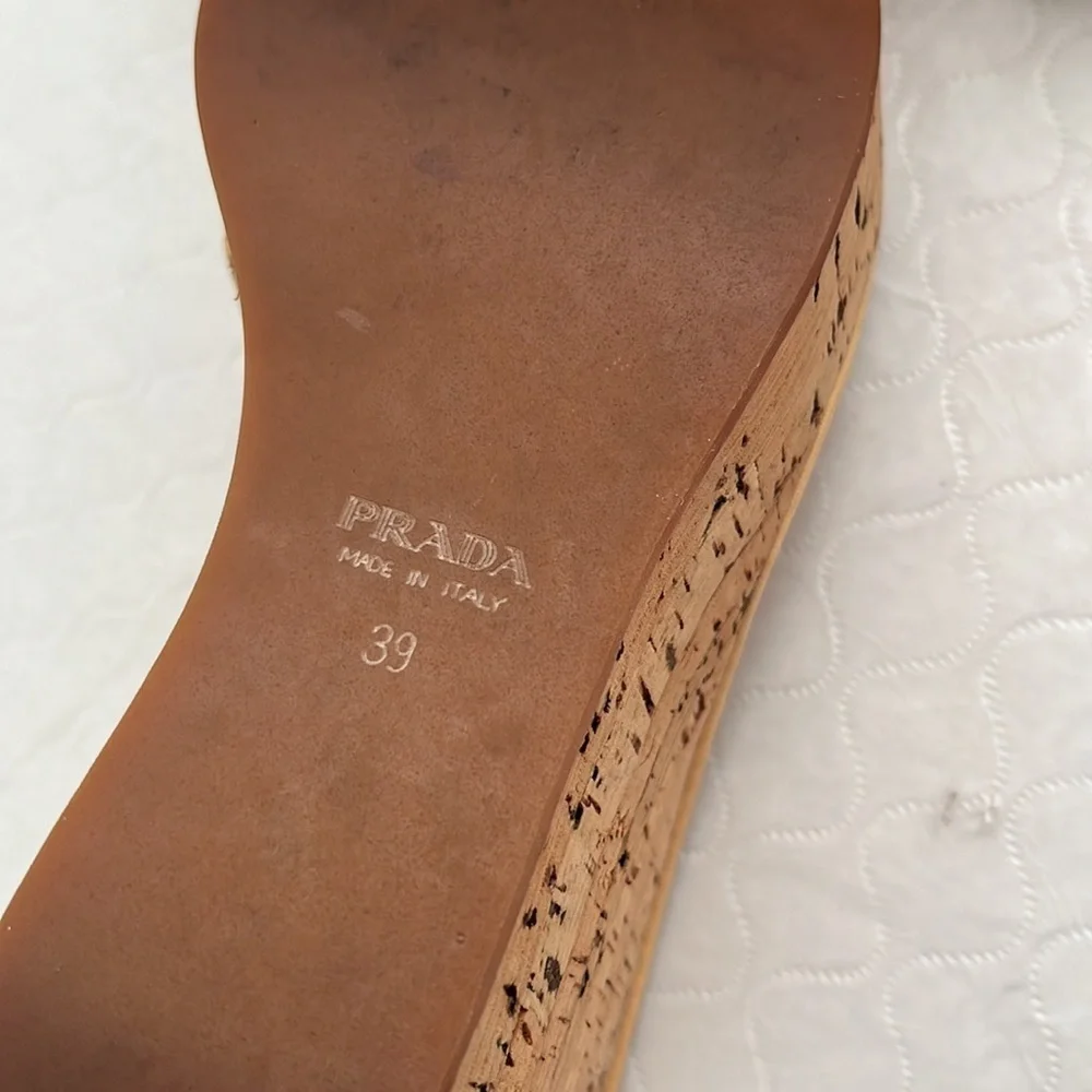 Prada tan and burgundy patent leather strappy cork platform wedge sandals